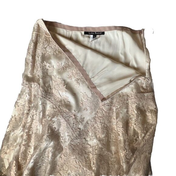 Lisa Baday Skirt 10 Metallic Peach Floral Lace Over Cream Silk A Line Zip Canada - Picture 5 of 13